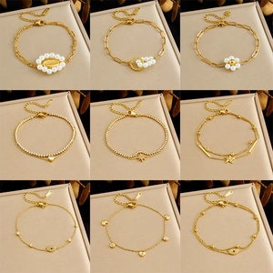 Bracciale In Acciaio Inossidabile Da Donna Placcato Oro Doppio Strato Con Malocchio Perla Artificial Fiore Stella E Zircone Moda