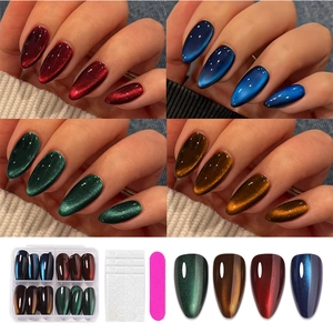 Cat Eye Magnetic Press On Nails Glossy Almond Fake Nails With Jelly Glue And File Elegant French Style For Women