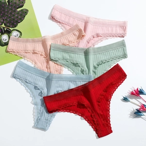 Women Low Waist Thong Cotton Ribbed Underwear With Lace Trim Breathable T-Back Sexy Panties For Girls
