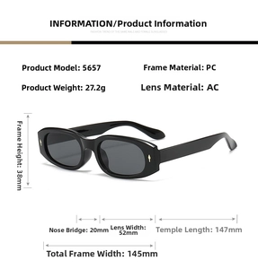 Detailed size specifications for rectangular sunglasses including frame width and temple length