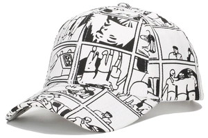 Dettaglio della stampa manga su un cappellino da baseball in tela a sei pannelli