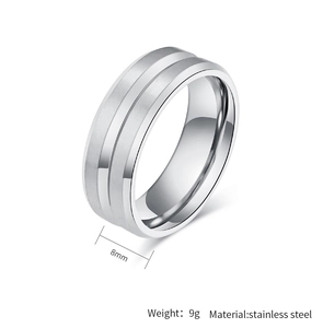Detail of 8mm brushed stainless steel ring with V-groove and polished edges