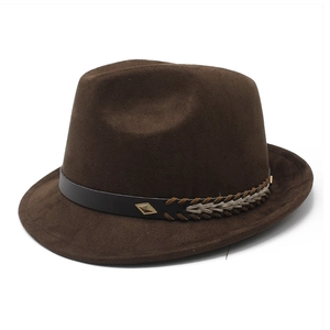 Classic dark brown felt fedora hat with a black band and gold buckle on a white background