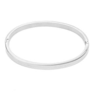 Sleek silver stainless steel oval bangle with polished minimalist hinged closure design