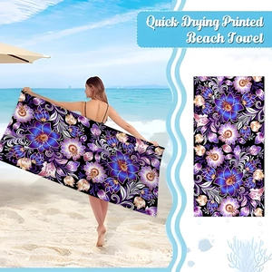 Detail of quick drying microfiber beach towel with purple floral mandala 3D digital print