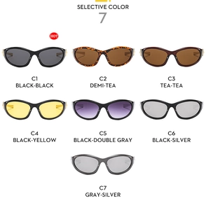 Grid view showing seven colors of Y2K cat-eye cycling sunglasses with metallic hinges