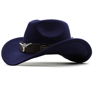 Close-up of dark blue wool cowboy hat featuring brown leather band and silver bull head
