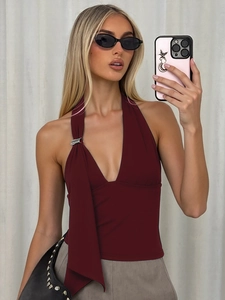 Women Halter Tank Top Sexy Deep V Neck Backless Slim Fit With Metal Buckle Asymmetric Drape Polyester Spandex Streetwear