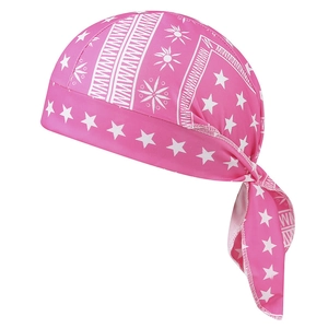 Detail of pink bandana hat with white star paisley patterns and adjustable back ties