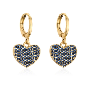 Detailed shot of gold plated heart earrings with pavé set blue cubic zirconia stones