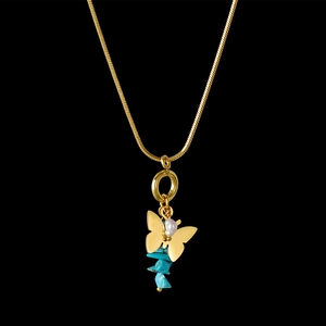 Golden butterfly necklace with pearl and blue natural stones on a snake chain