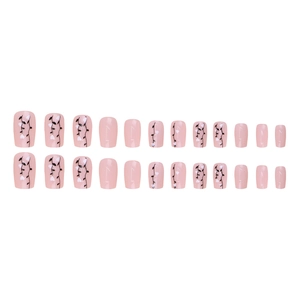 Pink floral press-on nails with white flowers and black vines 24pcs square shape set