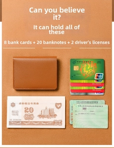 Brown leather wallet showing capacity for 8 cards, 20 bills, and 2 licenses