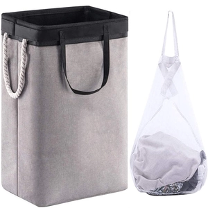 Grey fabric laundry basket with rope handles and hanging mesh washing bag set