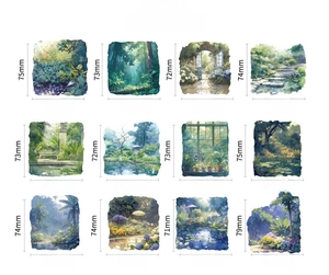 Dettaglio del set di 12 adesivi Green Forest Rain con motivi di paesaggi impressionisti