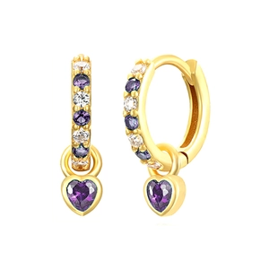 French style S925 silver hoop earrings with purple heart charms and pavé crystals
