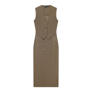 Women's chic dark brown tweed midi dress with V-neckline and button front design
