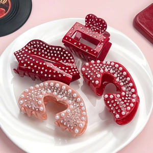 Pince À Cheveux En Acétate Forme Cœur Lèvres Strass Künstliche Perle Artificielle Pinces À Cheveux Étincelantes Coiffure Mode Pour Femmes Saint Valentin
