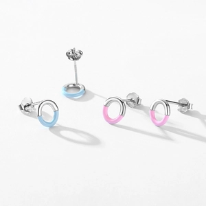 925 Sterling Silver geometric oval earrings with colorful blue and pink enamel finish