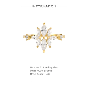 Macro detail of a 1.43g gold flower ring with marquise-cut AAAAA zirconia stones