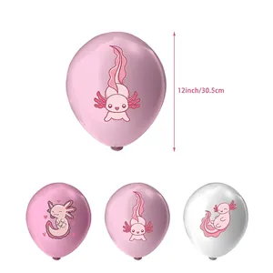 Detailed view of 12-inch pink and white latex balloons with cute axolotl party prints