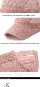 Detail view of pink sequin mesh fabric, reinforced brim, and adjustable snapback closure