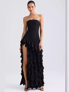 Robe de soirée bustier noire sexy avec fente latérale haute et détails volantés