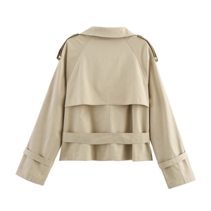 Back view of a short khaki trench coat with shoulder tabs and back rain shield detail