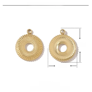 Technical dimensions of 12mm gold stainless steel round charm pendants with radial texture