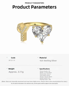 Detail view of S925 sterling silver ring with Y letter and 5A square zircon stone inlay