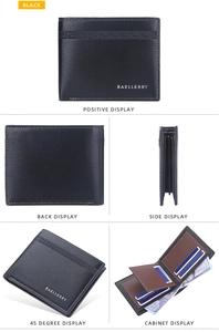Detail views of black bi-fold wallet showing textured exterior and multi-card slots