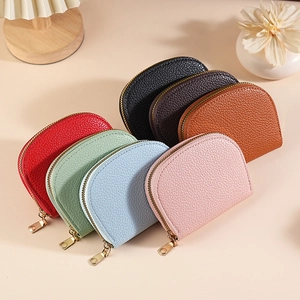 Semi Circle PU Leather Accordion Card Holder Lychee Texture Zipper Credit Card Organizer For Daily Use