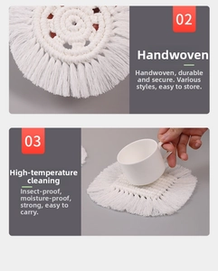 Detail of handmade macrame coasters with fringe accents and heat-resistant cotton weave