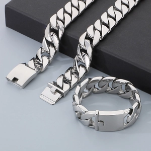 Polished silver stainless steel 24mm Cuban chain necklace and bracelet set in a gift box
