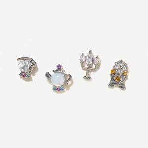 Detailed set of silver stud earrings featuring teapot and clock with colorful zircons