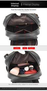 Internal structure of black pebbled leather backpack with pockets for laptop and essentials