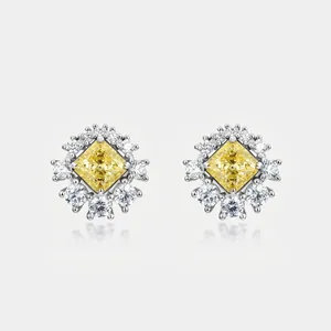 925 Sterling Silver Yellow Zirconia Stud Earrings Square Cut Halo Design Fashion Jewelry With 925 Silver Earring Post For Women