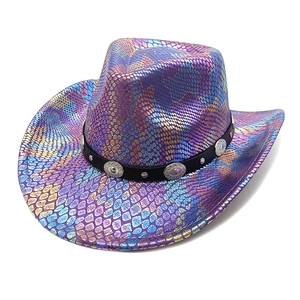 Retro cowboy hat with purple snake scale pattern and black studded decorative band
