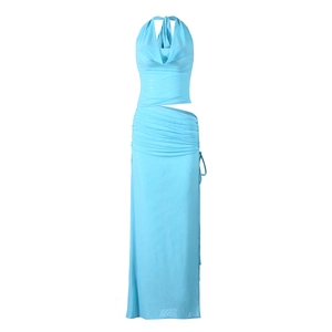 Sky blue mesh two-piece set featuring halter neck top and ruched high waist maxi skirt