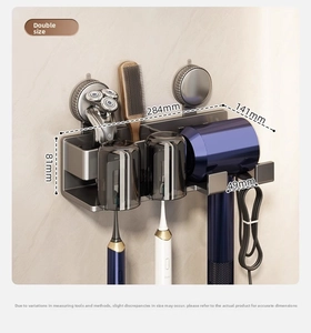 Detailed size dimensions for wall-mounted toothbrush and hair dryer storage organizer