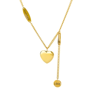 Collana a doppio strato con pendente a cuore dorato e ciondoli Good Luck e LOVE