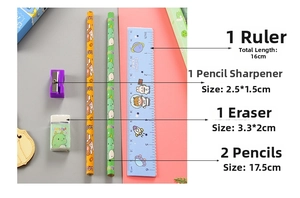 Detailed view of kids stationery set with ruler, sharpener, eraser and wooden pencils