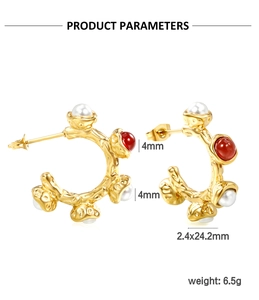 Detail specifications of geometric gold earrings with red beads and 4mm white pearls