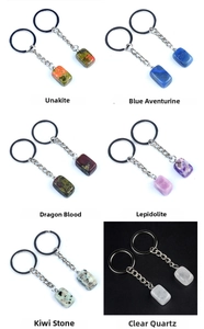 Detail showing various 16mm rectangular natural crystal and gemstone keychains