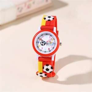 Kids sports watch with red soccer pattern strap and colorful numeric dial for students