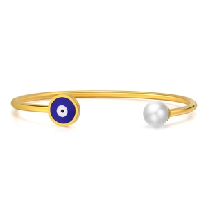 Golden stainless steel open bangle with evil eye enamel charm and a white pearl accent