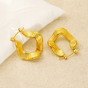 Stainless Steel Pleated Hoop Earrings 18K Gold Plated Irregular Wave Texture Vintage French Style Jewelry For Women