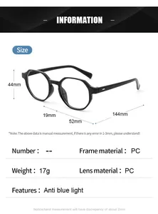 Size chart showing irregular retro blue light glasses dimensions and PC frame specs