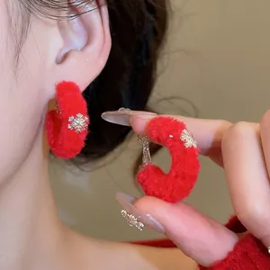 Winter red flocked snowflake hoop earrings for women with silver needle aesthetic