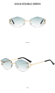 Detail of rimless hexagon sunglasses with gold metal arms and green-blue gradient lenses
